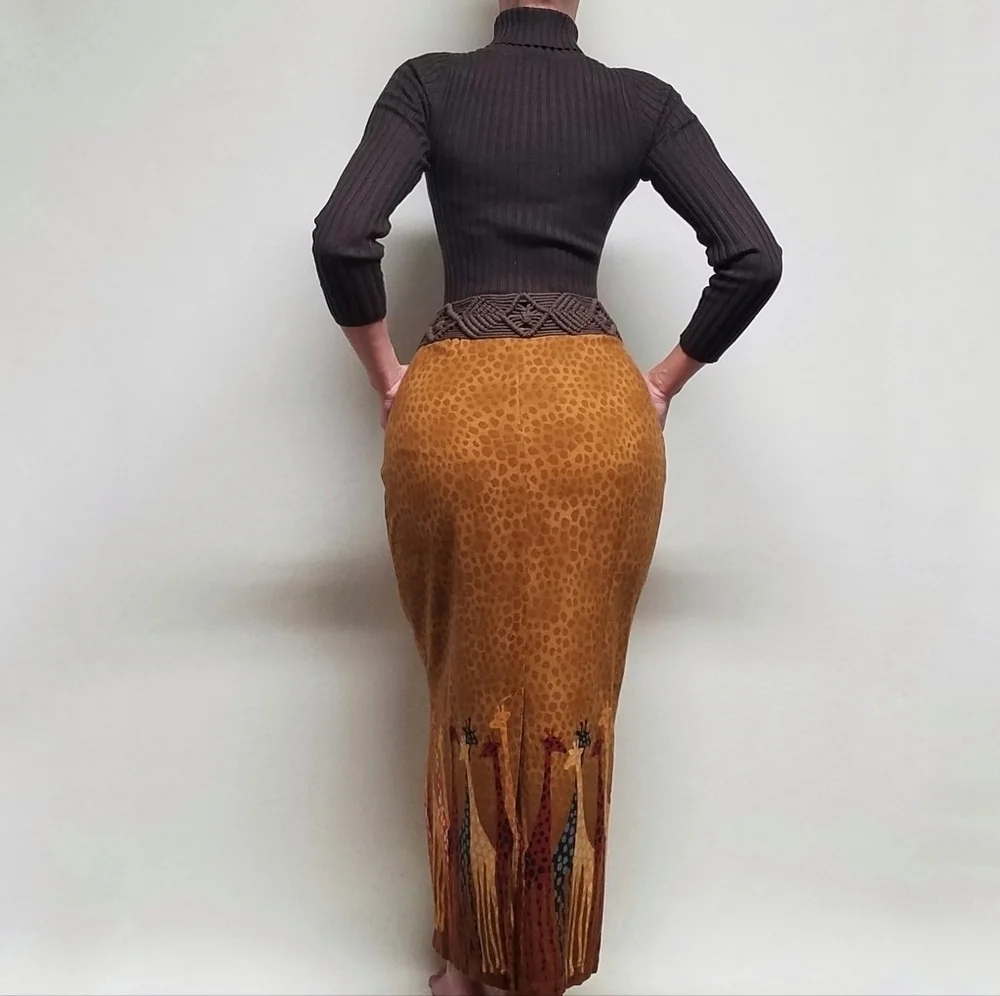 80s Vintage F.L. Malik Spotted Giraffe Print High Rise Back Slit Maxi Skirt 10